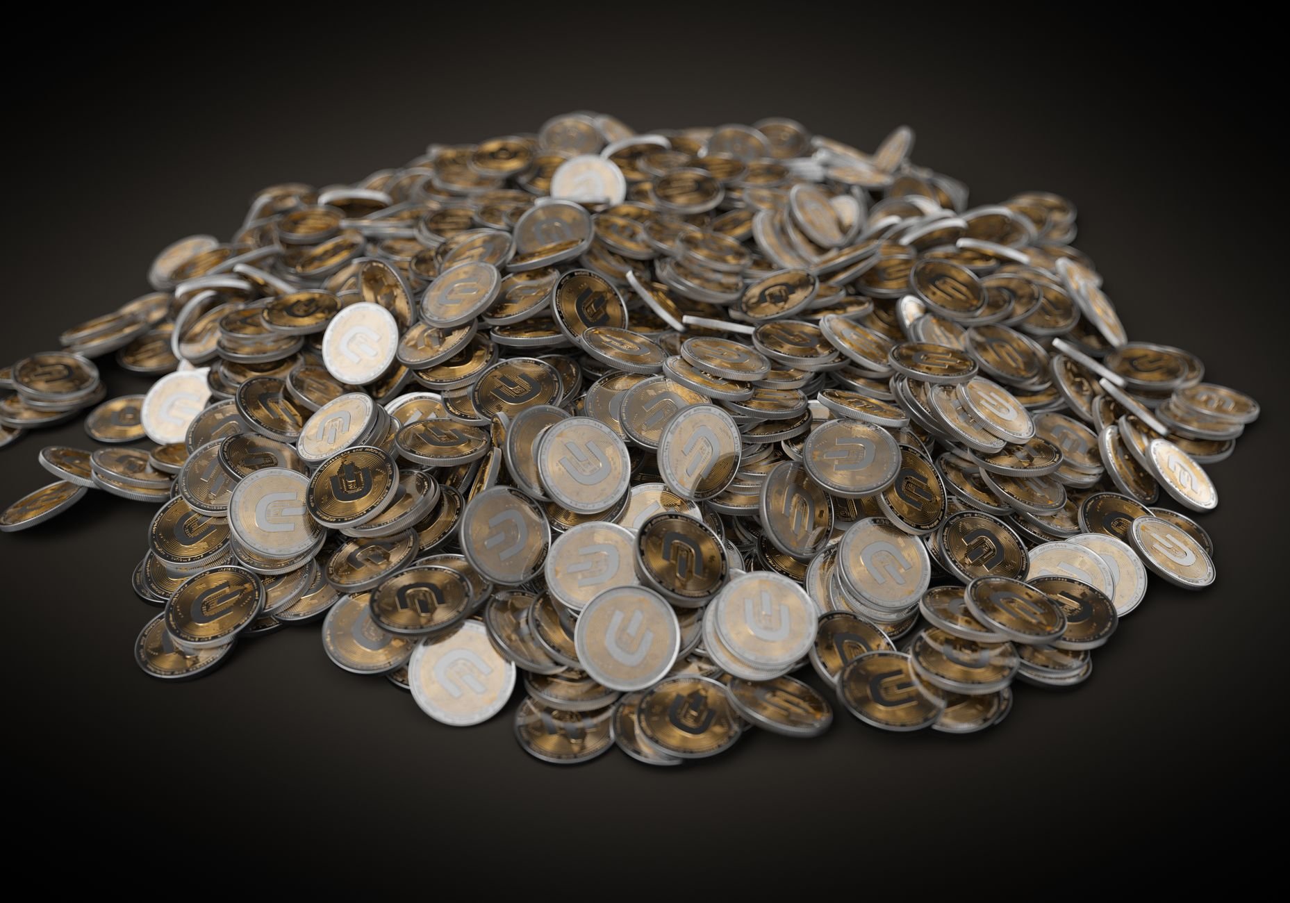 Gold and silver coins stacked on a dark background — Aurelux coin rewards.